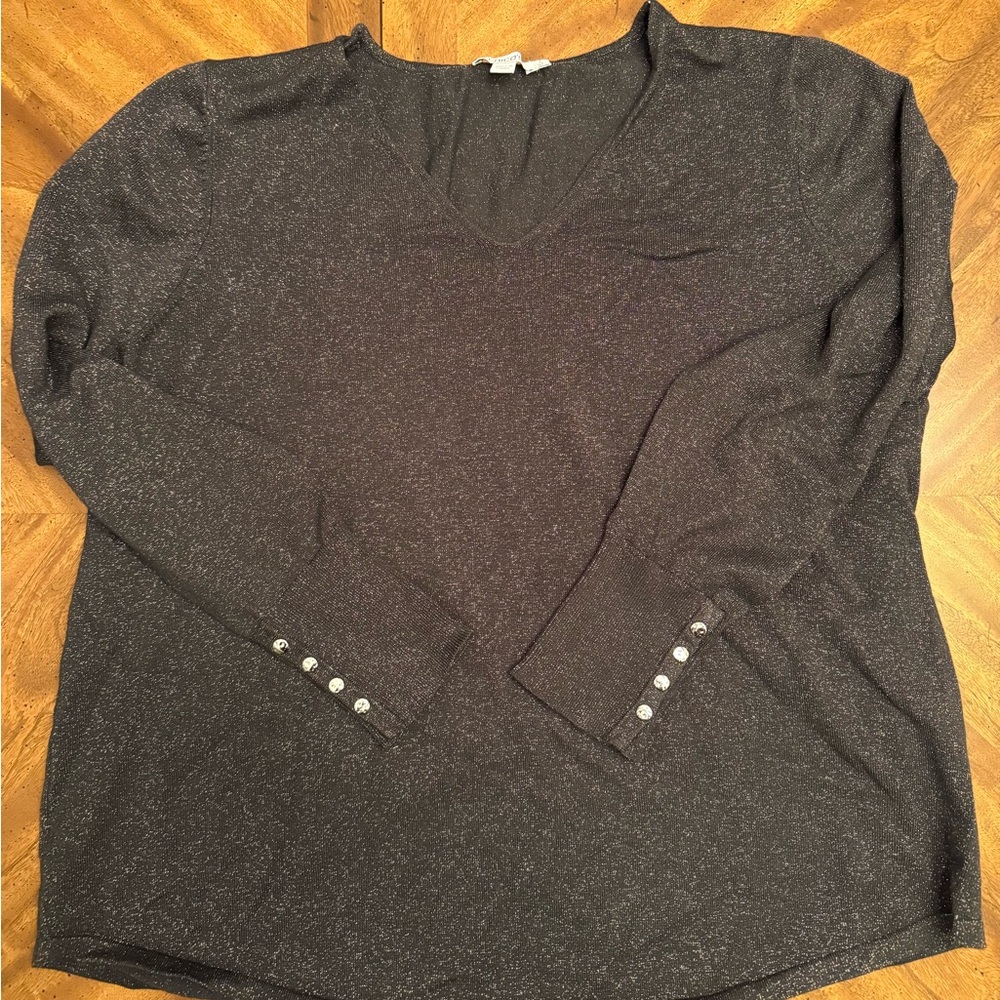 Chico's Dark Gray Sparkle V-Neck Top Size 3 Rayon/Nylon/Spandex/Metallic